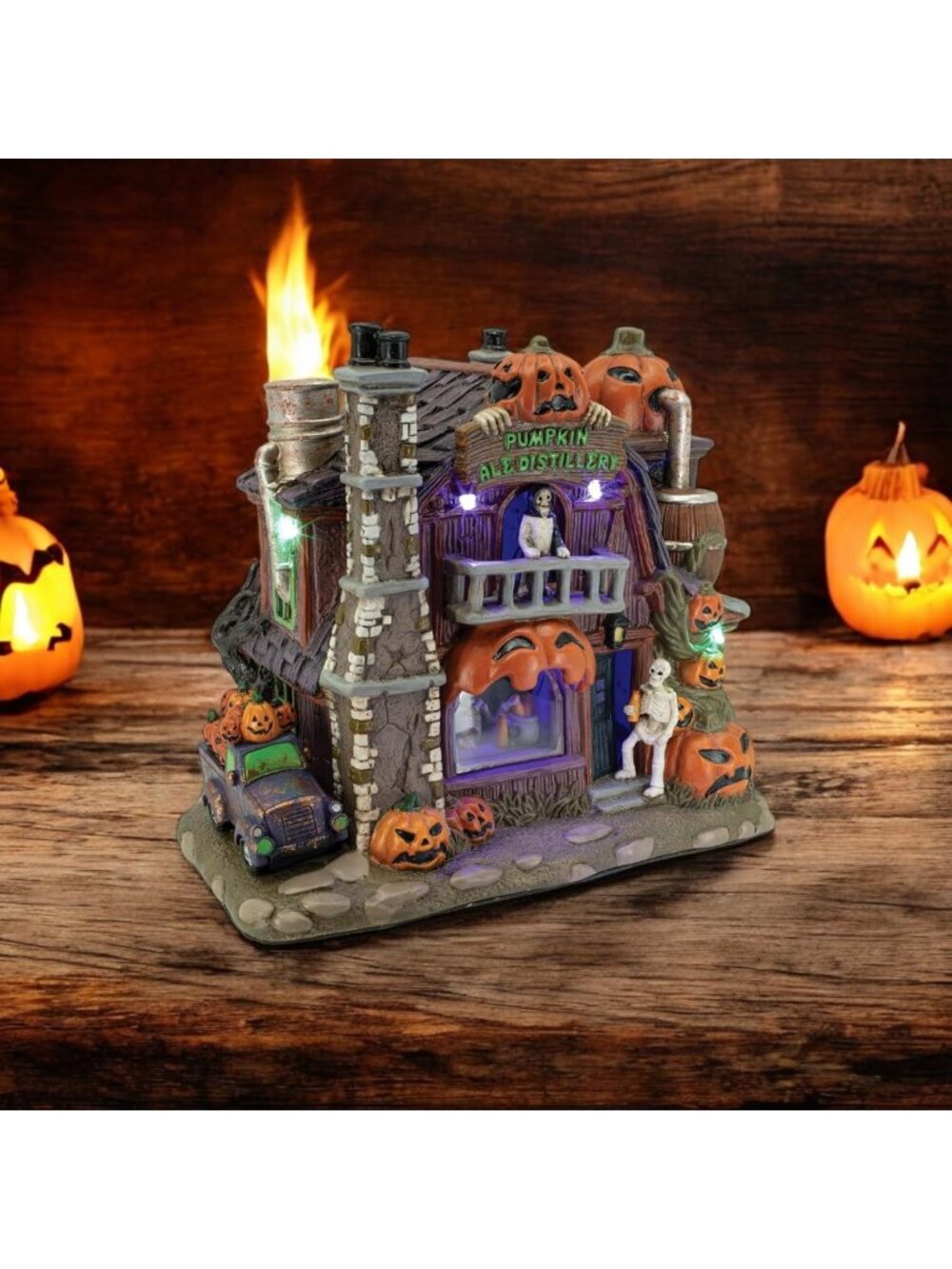 Halloween Village Porcelain Pumpkin Ale Distillery Decor with LED Lights & Music